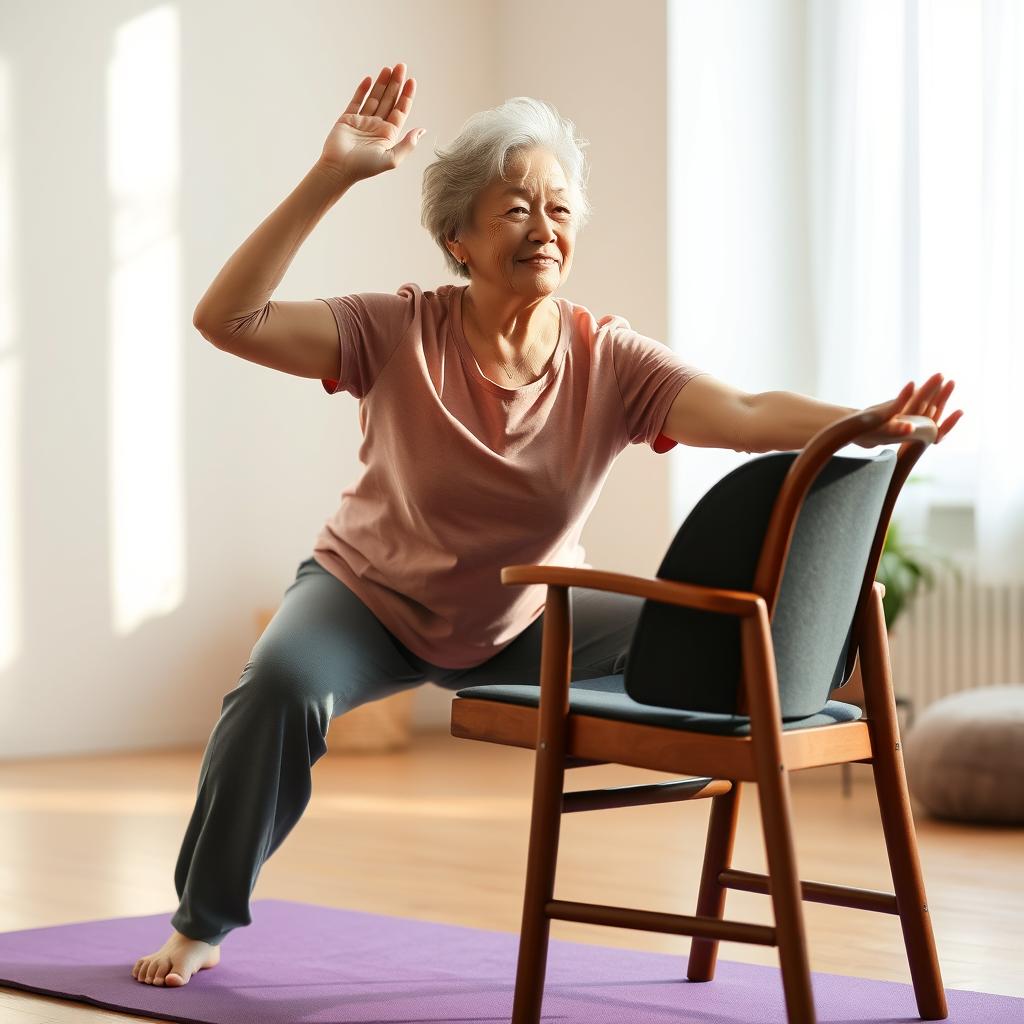 Lansia melakukan yoga dengan pose yang dimodifikasi Lansia melakukan yoga dengan pose yang dimodifikasi