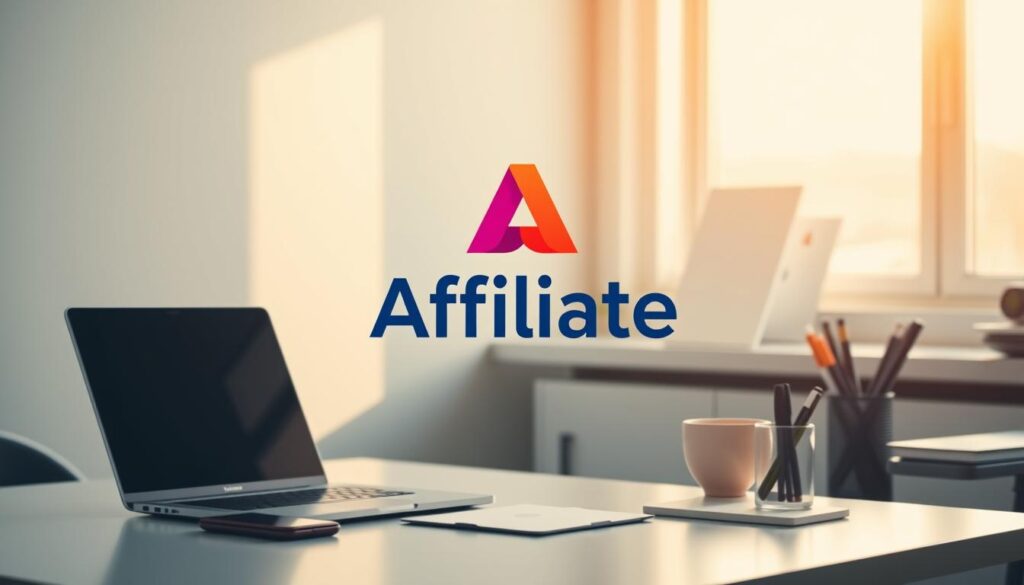 A modern, digital office setting with a laptop, smartphone, and office supplies on a clean, minimalist desk. Warm, natural lighting from a window casts a soft glow on the scene. In the center of the frame, a stylized "Affiliate" icon hovers above the desk, its design inspired by internet marketing and digital partnerships. The icon features bold, geometric shapes and vibrant colors that capture the energy and opportunity of online income streams. The overall atmosphere conveys a sense of productivity, focus, and the potential for financial growth through affiliate programs.