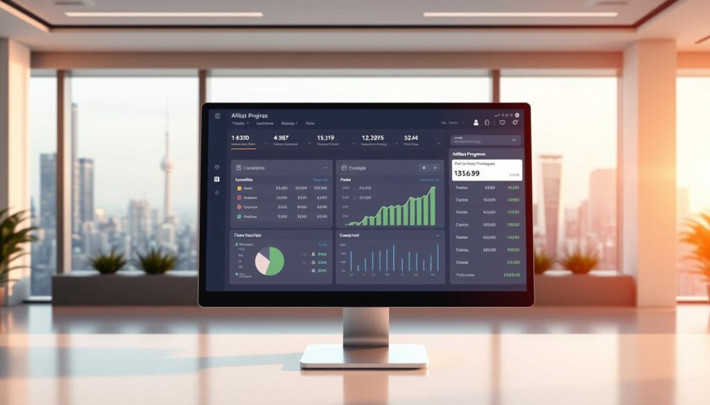 A well-lit, high-resolution 3D illustration of a computer screen displaying a financial transaction dashboard. The dashboard features a detailed breakdown of commission rates, transaction history, and analytics. The background is a sleek, minimalist office setting with a large window overlooking a bustling city skyline. The lighting is a soft, warm glow that highlights the precision and professionalism of the financial data presented. The overall mood is one of authority, transparency, and the potential for growth and profit through the affiliate program.