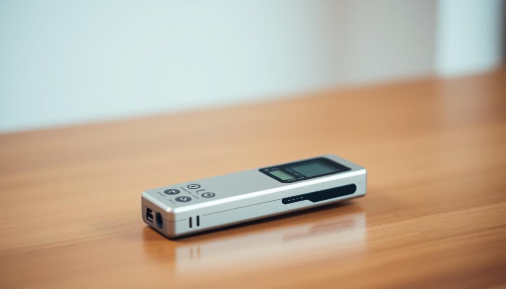 A digital voice recorder with a clean, minimalist design, resting on a smooth wooden surface. The device features a sleek metal body with a simple interface, including a high-quality microphone, intuitive controls, and a clear LED display. The lighting is soft and diffused, creating a warm, professional atmosphere. The recorder is positioned in the center of the frame, with the background blurred, allowing the subject to be the focal point. The image conveys the reliability, portability, and high-fidelity performance of a compact, feature-rich voice recording tool. A digital voice recorder with a clean, minimalist design, resting on a smooth wooden surface. The device features a sleek metal body with a simple interface, including a high-quality microphone, intuitive controls, and a clear LED display. The lighting is soft and diffused, creating a warm, professional atmosphere. The recorder is positioned in the center of the frame, with the background blurred, allowing the subject to be the focal point. The image conveys the reliability, portability, and high-fidelity performance of a compact, feature-rich voice recording tool.
