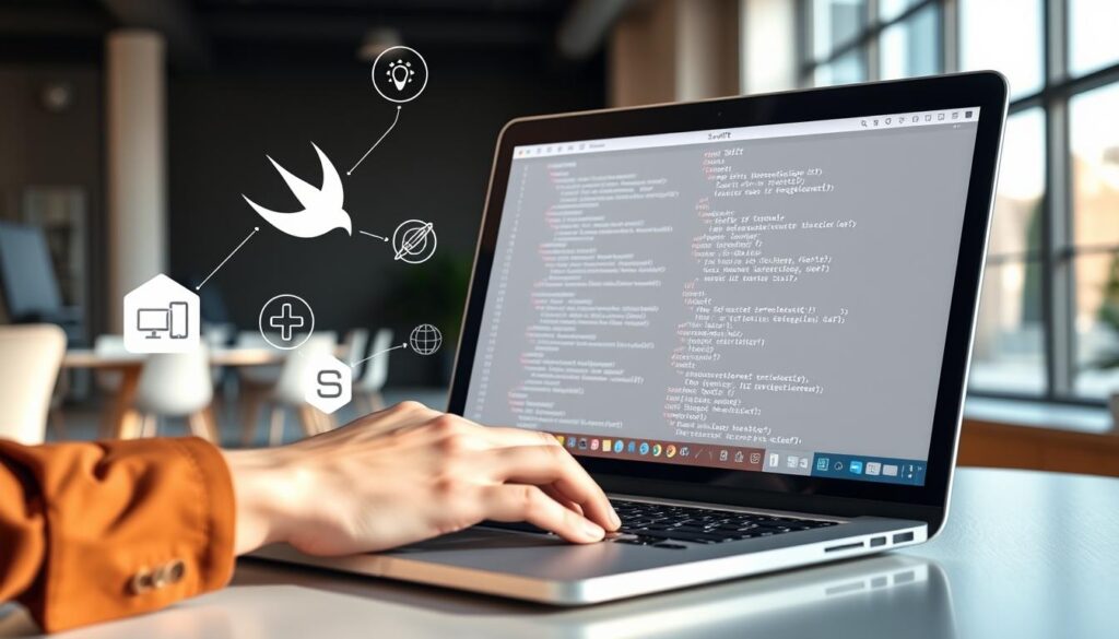 A digital workspace featuring a sleek, modern laptop displaying the Swift programming language code on the screen. In the foreground, a pair of hands types on the keyboard, showcasing professionalism as the user is dressed in smart casual attire. The middle ground features symbols and icons representing Swift’s features, like safety, speed, and modernity, subtly integrated around the laptop. The background includes a stylish, minimalist office environment with soft, natural lighting filtering through a large window, creating a warm, inviting atmosphere. This image aims to capture the essence of Swift as an innovative programming language for iOS development, emphasizing clarity, intelligence, and forward-thinking technology. A digital workspace featuring a sleek, modern laptop displaying the Swift programming language code on the screen. In the foreground, a pair of hands types on the keyboard, showcasing professionalism as the user is dressed in smart casual attire. The middle ground features symbols and icons representing Swift’s features, like safety, speed, and modernity, subtly integrated around the laptop. The background includes a stylish, minimalist office environment with soft, natural lighting filtering through a large window, creating a warm, inviting atmosphere. This image aims to capture the essence of Swift as an innovative programming language for iOS development, emphasizing clarity, intelligence, and forward-thinking technology.