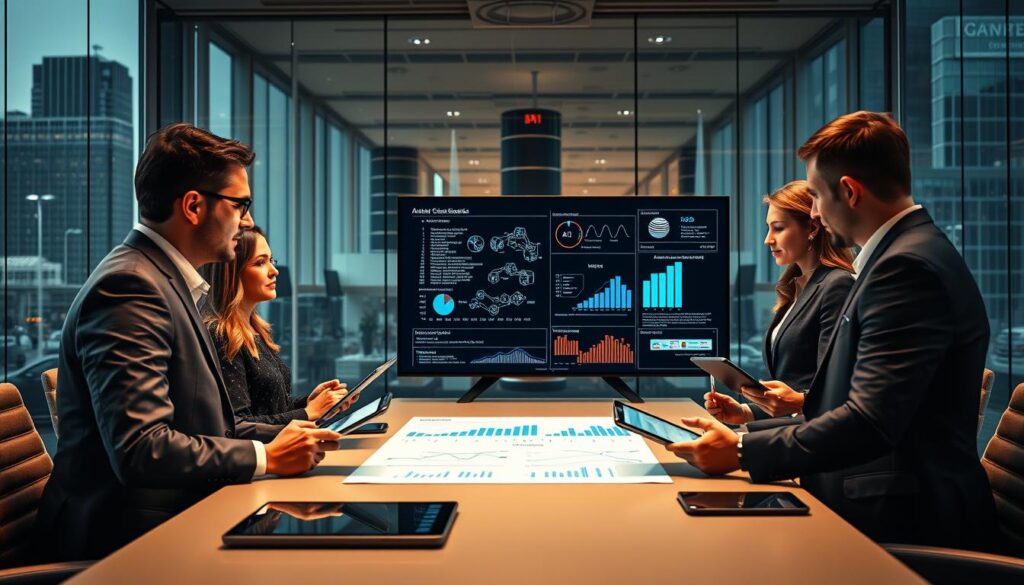 A modern office environment showcasing the challenges of implementing AI personalization in education and business. In the foreground, a diverse group of professionals (men and women) dressed in smart business attire are gathered around a conference table, examining graphs and charts on digital tablets. The middle ground features a large presentation screen displaying complex AI algorithms and user data insights. In the background, a sleek glass window reveals a bustling cityscape, emphasizing innovation and technology. The lighting is warm and inviting, reflecting a collaborative atmosphere, with soft shadows adding depth. The angle is slightly elevated, capturing both the engaged expressions of the professionals and the technological context of their discussion. The mood is one of focused determination, balancing innovation with the challenges presented by AI integration. A modern office environment showcasing the challenges of implementing AI personalization in education and business. In the foreground, a diverse group of professionals (men and women) dressed in smart business attire are gathered around a conference table, examining graphs and charts on digital tablets. The middle ground features a large presentation screen displaying complex AI algorithms and user data insights. In the background, a sleek glass window reveals a bustling cityscape, emphasizing innovation and technology. The lighting is warm and inviting, reflecting a collaborative atmosphere, with soft shadows adding depth. The angle is slightly elevated, capturing both the engaged expressions of the professionals and the technological context of their discussion. The mood is one of focused determination, balancing innovation with the challenges presented by AI integration.