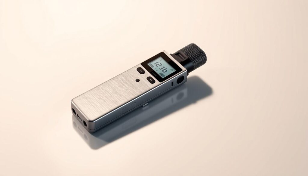 A sleek, modern digital voice recorder with a clean, minimalist design. It sits atop a smooth, reflective surface, casting a subtle shadow. The recorder's body is crafted from brushed metal, with a simple, uncluttered interface. The top features a high-quality microphone and a digital display showcasing the recording levels. The device is bathed in a soft, warm light, creating a professional, studio-like atmosphere. The overall composition emphasizes the recorder's advanced technical capabilities and premium quality, perfect for capturing clear, detailed audio for high-fidelity sound recording. A sleek, modern digital voice recorder with a clean, minimalist design. It sits atop a smooth, reflective surface, casting a subtle shadow. The recorder's body is crafted from brushed metal, with a simple, uncluttered interface. The top features a high-quality microphone and a digital display showcasing the recording levels. The device is bathed in a soft, warm light, creating a professional, studio-like atmosphere. The overall composition emphasizes the recorder's advanced technical capabilities and premium quality, perfect for capturing clear, detailed audio for high-fidelity sound recording.