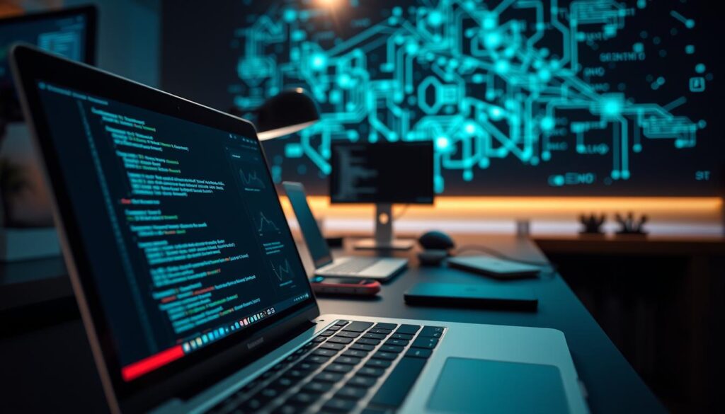 A sleek, modern workspace showcasing the performance improvements of Swift 6 in iOS. In the foreground, a close-up of a MacBook displaying code snippets and performance graphs, emphasizing speed and efficiency. The middle ground features a stylish desk with a high-tech setup, including a smartphone and development tools, symbolizing modern technology. The background includes an abstract representation of digital data and algorithms, illuminated with soft blue and green light, conveying a sense of innovation and advancement. A gentle lens flare adds depth to the scene, enhancing its dynamic feel. The overall atmosphere is bright and inspiring, reflecting a forward-thinking approach to programming and development. A sleek, modern workspace showcasing the performance improvements of Swift 6 in iOS. In the foreground, a close-up of a MacBook displaying code snippets and performance graphs, emphasizing speed and efficiency. The middle ground features a stylish desk with a high-tech setup, including a smartphone and development tools, symbolizing modern technology. The background includes an abstract representation of digital data and algorithms, illuminated with soft blue and green light, conveying a sense of innovation and advancement. A gentle lens flare adds depth to the scene, enhancing its dynamic feel. The overall atmosphere is bright and inspiring, reflecting a forward-thinking approach to programming and development.