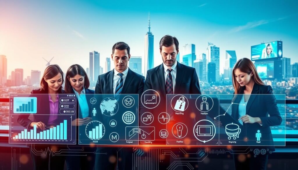 A visually striking representation of AI personalization applications across various industries. In the foreground, a diverse group of professionals, dressed in smart business attire, collaborate over digital interfaces showcasing graphs and data on screens. The middle ground features distinct symbols representing various sectors like education, healthcare, and retail, with icons for personalized learning, health monitoring, and tailored shopping experiences. In the background, a futuristic city skyline with modern architecture and digital billboards conveying innovation and technology. The lighting is bright and optimistic, creating a vibrant atmosphere, while the angle is slightly elevated, conveying dynamism and engagement in the evolving digital landscape of AI personalization. A visually striking representation of AI personalization applications across various industries. In the foreground, a diverse group of professionals, dressed in smart business attire, collaborate over digital interfaces showcasing graphs and data on screens. The middle ground features distinct symbols representing various sectors like education, healthcare, and retail, with icons for personalized learning, health monitoring, and tailored shopping experiences. In the background, a futuristic city skyline with modern architecture and digital billboards conveying innovation and technology. The lighting is bright and optimistic, creating a vibrant atmosphere, while the angle is slightly elevated, conveying dynamism and engagement in the evolving digital landscape of AI personalization.