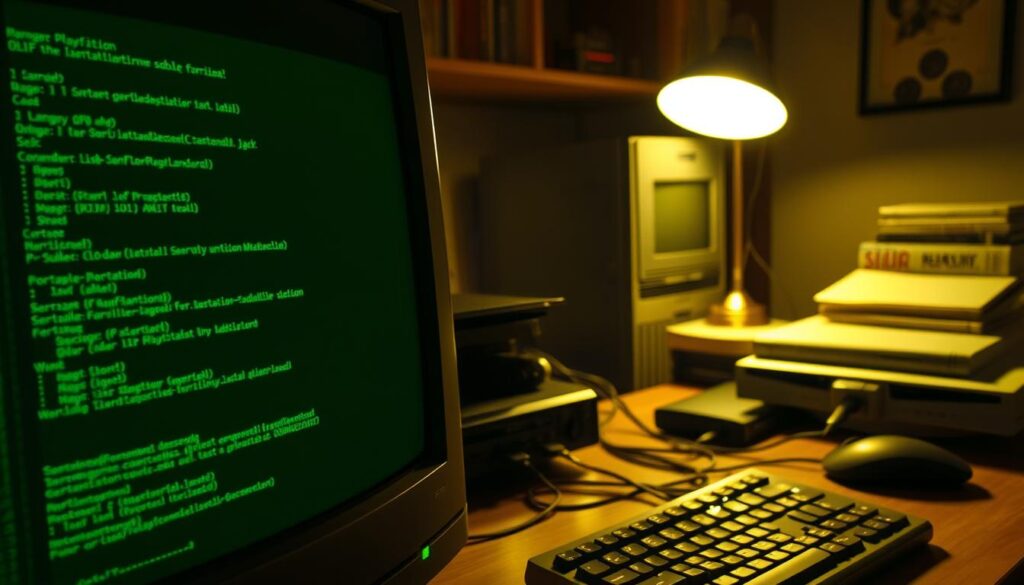 A detailed view of a QEMU setup displayed on a vintage CRT monitor, emphasizing a Linux terminal environment. In the foreground, a glowing command line interface shows a vibrant contrast of green text on a black screen. The middle section features a sleek setup including a PlayStation 3 console with visible ports and cables connecting to a PC. Ambient light from a nearby lamp creates a warm glow, casting gentle shadows that enhance the atmosphere of a cozy tech workspace. In the background, a wooden desk cluttered with programming books, a keyboard, and a mouse is visible. The scene is framed at a slight angle, allowing the viewer to appreciate the intricate setup and evoke a sense of nostalgia and innovation in tech.