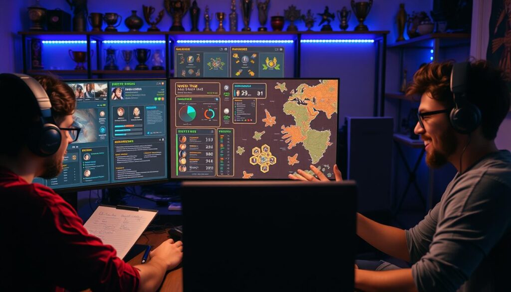 A dynamic and strategic gaming scene illustrating the concept of "meta game strategy." In the foreground, a diverse group of three gamers intensely focused on their computer screens; one wears a headset and takes notes, while another gestures excitedly towards a screen filled with game stats and charts. In the middle, display various in-game elements like character statistics, skill trees, and a digital map overlay that indicates strategic positions. The background features a cozy gaming room, with shelves lined with gaming trophies and LED lights casting a vibrant blue and purple glow, creating an immersive and competitive atmosphere. Use soft lighting to enhance the mood of concentration and teamwork, captured from a slightly elevated angle to emphasize collaboration.
