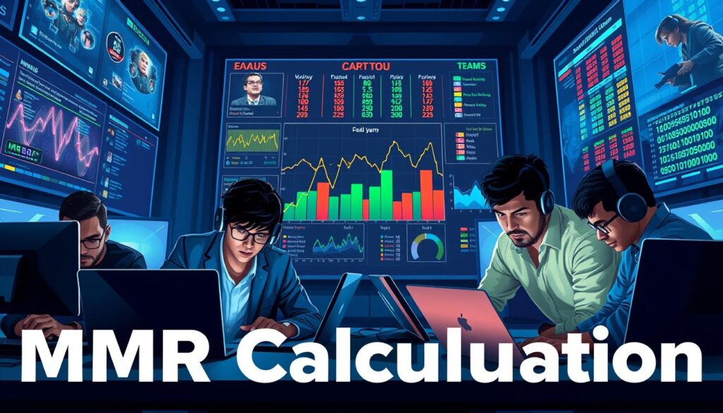 A dynamic digital illustration of an imagined gaming scene focusing on "MMR Calculation." In the foreground, show diverse professional gamers huddled over laptops, intensely analyzing match statistics, surrounded by charts and game interfaces, all wearing smart casual attire. In the middle ground, display colorful graphs depicting player skill levels and a visible disparity in rankings, highlighting the skill gap within a team. The background features a tech-inspired environment with screens filled with data and glowing binary codes, evoking a futuristic feel. Use cool blue and green lighting to create an analytical atmosphere, with soft shadows to add depth. The angle should be slightly tilted for a more immersive perspective, capturing the seriousness and focus of the gamers.