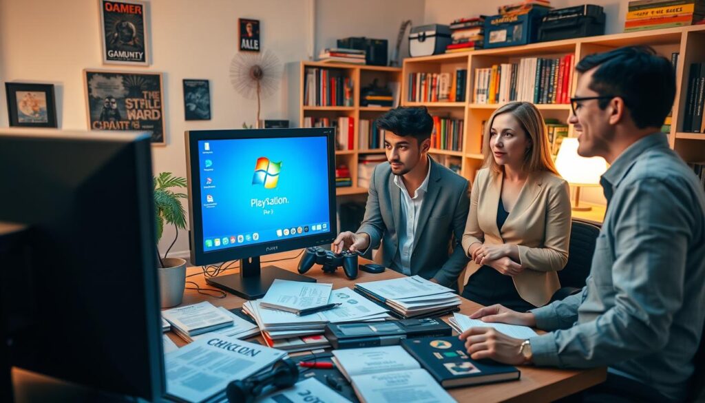 A dynamic workspace featuring a computer setup illustrating a PlayStation 3 running Linux with a Windows XP interface on the screen. In the foreground, a diverse group of three professionals, dressed in smart casual attire, are engaged in a thoughtful discussion, with one person pointing at the screen. The middle ground includes a cluttered desk with legal documents, ethical guidelines, and community-related literature spread out, creating an inviting and collaborative atmosphere. In the background, shelves filled with gaming memorabilia and technology books enhance the theme. Soft, warm lighting floods the scene, creating a cozy yet professional mood, while a slightly blurred depth of field draws focus to the subjects’ expressions and the computer screen.