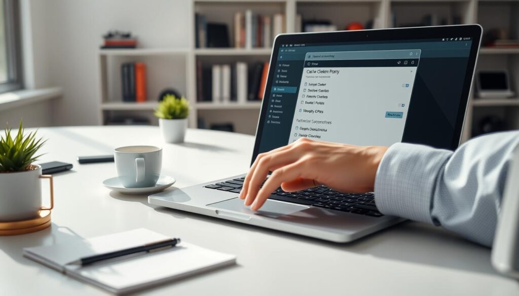 A focused workspace featuring a sleek laptop with an open screen displaying a system menu ready for cache cleanup. In the foreground, a pair of hands, dressed in smart casual attire, delicately maneuver the laptop's trackpad, symbolizing concentration and preparation. The middle ground includes a clean, organized desk with a few essential tools like a notepad, a coffee cup, and a small plant, adding a touch of life to the scene. The background features soft, blurred shelves lined with tech books and gadgets, enhancing the tech-savvy atmosphere. Bright, natural light streams in from a nearby window, casting soft shadows and creating a calm, productive mood perfect for digital maintenance. A focused workspace featuring a sleek laptop with an open screen displaying a system menu ready for cache cleanup. In the foreground, a pair of hands, dressed in smart casual attire, delicately maneuver the laptop's trackpad, symbolizing concentration and preparation. The middle ground includes a clean, organized desk with a few essential tools like a notepad, a coffee cup, and a small plant, adding a touch of life to the scene. The background features soft, blurred shelves lined with tech books and gadgets, enhancing the tech-savvy atmosphere. Bright, natural light streams in from a nearby window, casting soft shadows and creating a calm, productive mood perfect for digital maintenance.