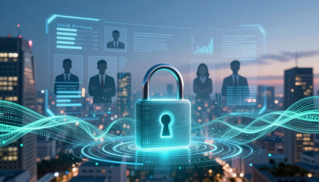A futuristic data security platform representing social privacy in a digital landscape. Foreground: a digital padlock symbolizes security, surrounded by glowing data streams illustrating user data flow, filled with binary code patterns. Middle: a sleek user interface with graphs and statistics showcasing data privacy metrics, framed by silhouettes of diverse users in professional business attire, emphasizing the human element in tech. Background: a modern cityscape at dusk, with skyscrapers illuminated, reflecting technological advancement. Soft blue and green lighting enhances the atmosphere of trust and innovation, while a slight lens flare adds dynamism, conveying a sense of a secure, thriving social financial ecosystem.