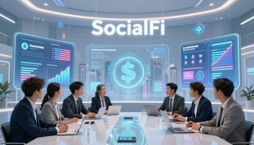 A futuristic digital landscape representing a leading SocialFi project. In the foreground, a diverse group of professionals in business attire is gathered around a sleek, modern conference table, discussing blockchain and finance. The middle ground features vibrant holographic displays showcasing SocialFi statistics, token growth charts, and interactive user interfaces. The background depicts a high-tech city skyline with glowing digital billboards, emphasizing innovation and connectivity. The lighting is bright yet soft, creating a positive and dynamic atmosphere. Use a wide-angle lens to capture the depth and engagement in the scene, conveying excitement around SocialFi. The overall mood should reflect ambition and progress in the digital finance space.