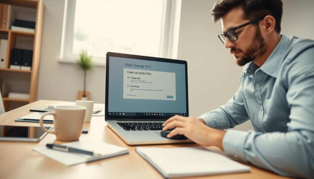 A modern office setting showcasing a laptop screen displaying a clean interface of Windows 10/11, highlighting the "Disk Cleanup" window. In the foreground, a focused professional wearing smart casual attire is using a mouse to click on the "Clean up system files" option. The middle layer includes the laptop, surrounded by office supplies like a notepad and a coffee cup, creating a clutter-free environment. In the background, a bright window allows natural light to illuminate the space, enhancing clarity. The mood is calm and productive, emphasizing the importance of maintaining a clean digital workspace. The angle is slightly overhead, capturing both the laptop and the user's engagement with the cleanup process. A modern office setting showcasing a laptop screen displaying a clean interface of Windows 10/11, highlighting the "Disk Cleanup" window. In the foreground, a focused professional wearing smart casual attire is using a mouse to click on the "Clean up system files" option. The middle layer includes the laptop, surrounded by office supplies like a notepad and a coffee cup, creating a clutter-free environment. In the background, a bright window allows natural light to illuminate the space, enhancing clarity. The mood is calm and productive, emphasizing the importance of maintaining a clean digital workspace. The angle is slightly overhead, capturing both the laptop and the user's engagement with the cleanup process.