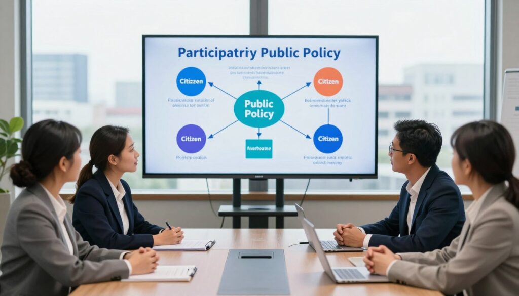 A vibrant scene depicting a public policy discussion set in a modern conference room. In the foreground, a diverse group of five professional individuals in business attire—two women and three men of different ethnicities—are attentively participating in a discussion, showcasing engagement and collaboration. In the middle ground, a large screen displays a flowchart illustrating participatory public policy, symbolizing transparency and citizen involvement. The background features large windows with views of a cityscape, suggesting progress and reform. Soft, natural lighting filters through the windows, creating an inviting atmosphere. The overall mood conveys hope and determination, emphasizing the importance of democratic engagement against oligarchic power structures. The image captures the essence of reformative dialogue and civic responsibility.