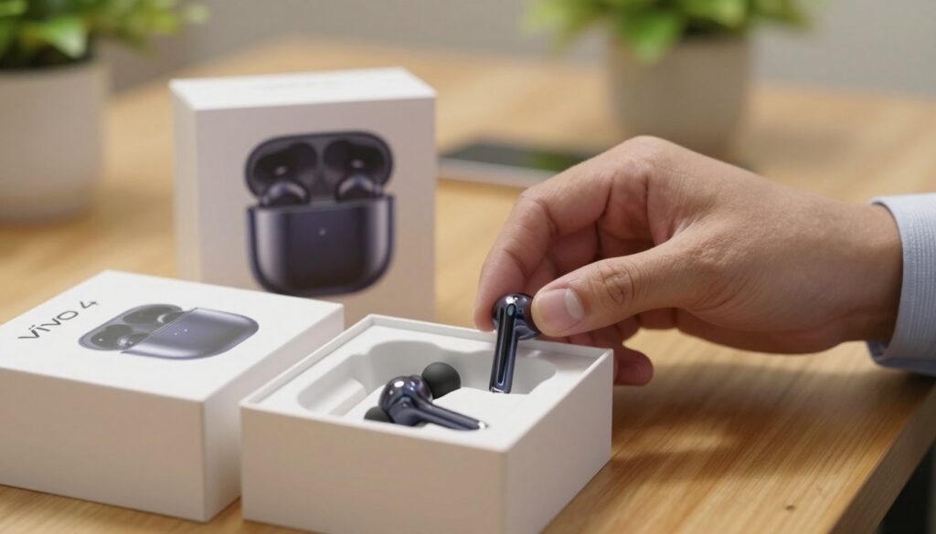 A clean and inviting scene showcasing the unboxing of the Vivo TWS 4 earphones. In the foreground, a sleek white box is partially open, revealing the stylish, modern earphones nestled in soft, protective material. A hand reaches in, elegantly dressed in a business-casual shirt. In the middle ground, the focus is on the earphones with their glossy finish and compact charging case. The back of the image features a softly blurred background, maybe a wooden table or desk, and subtle greenery suggesting a home office environment. The lighting is warm and soft, creating a welcoming atmosphere. A shallow depth of field emphasizes the unboxing experience, drawing attention to the details of the product.